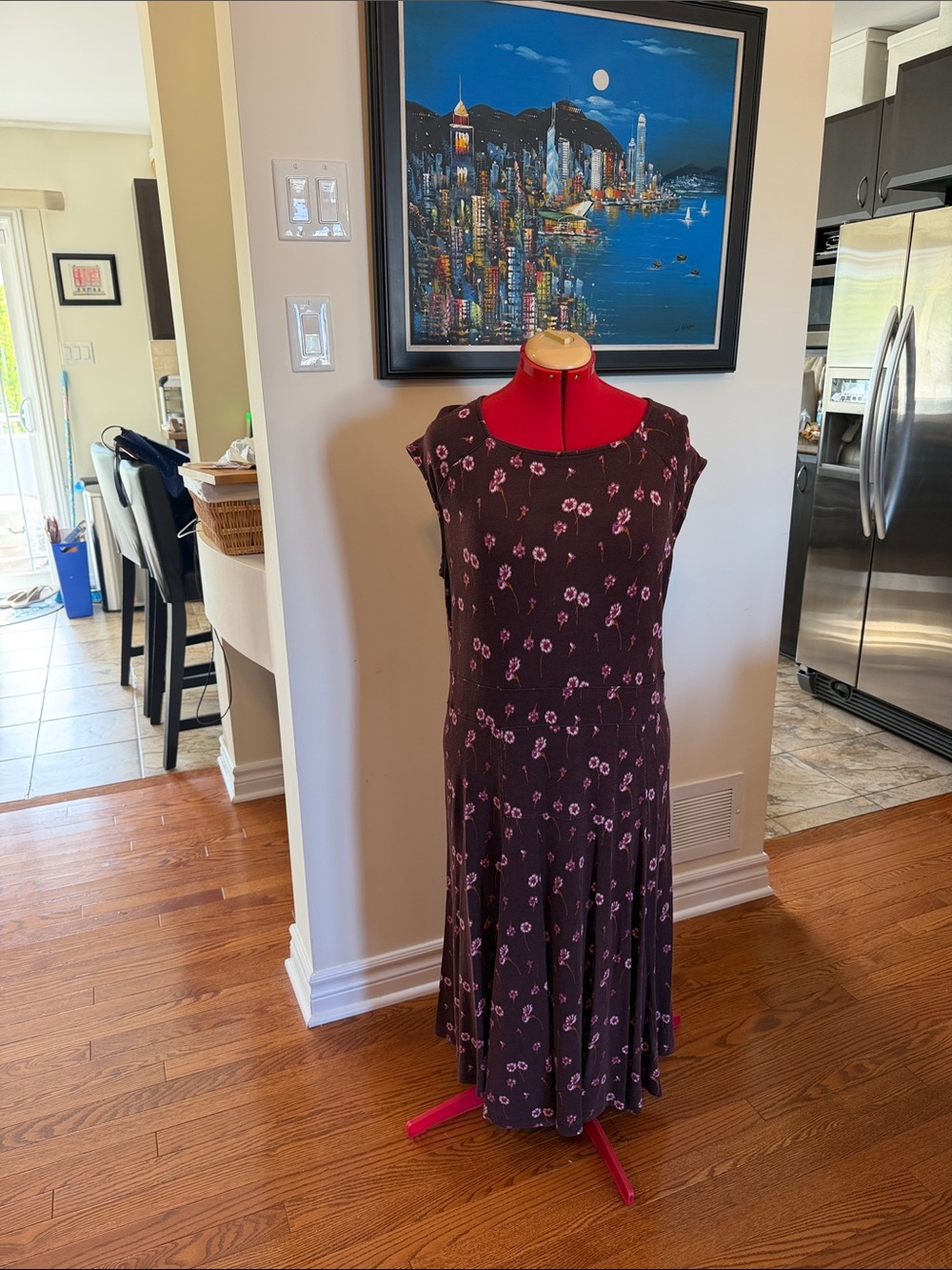 Lands' End Brown Midi Dress with Pink Floral Print